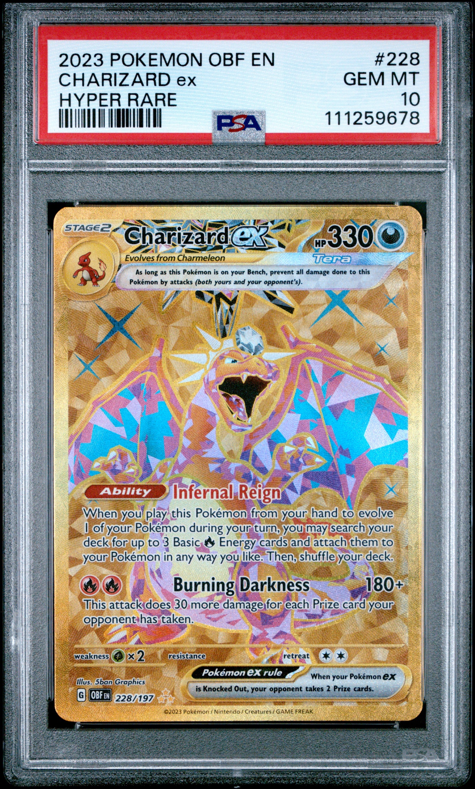 2023 Pokémon English Charizard ex Hyper Rare #228/197 from Obsidian Flames graded PSA 10 GEM MINT