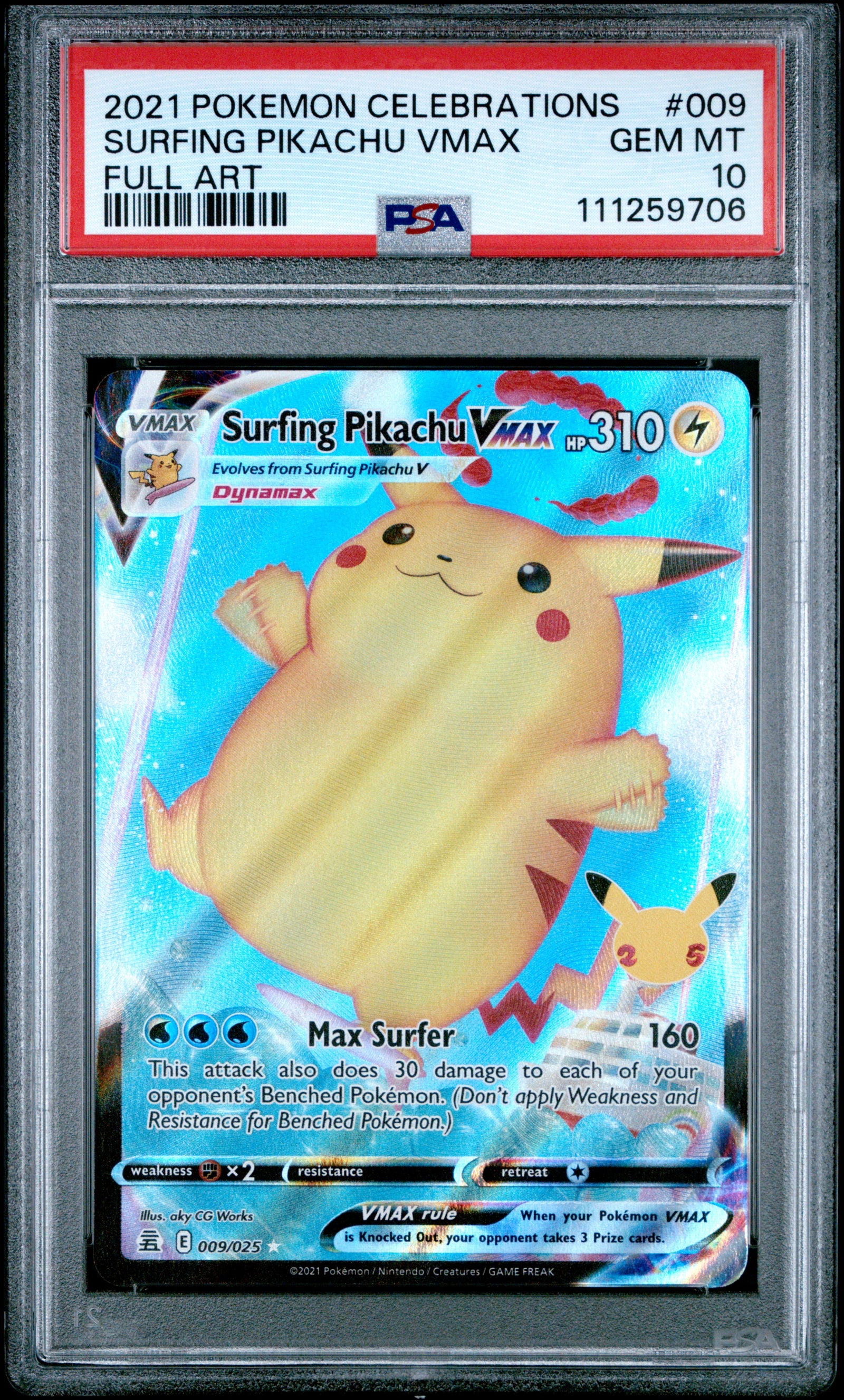 2021 Pokémon Celebrations Surfing Pikachu VMAX Full Art #009/025 graded PSA 10 GEM MINT
