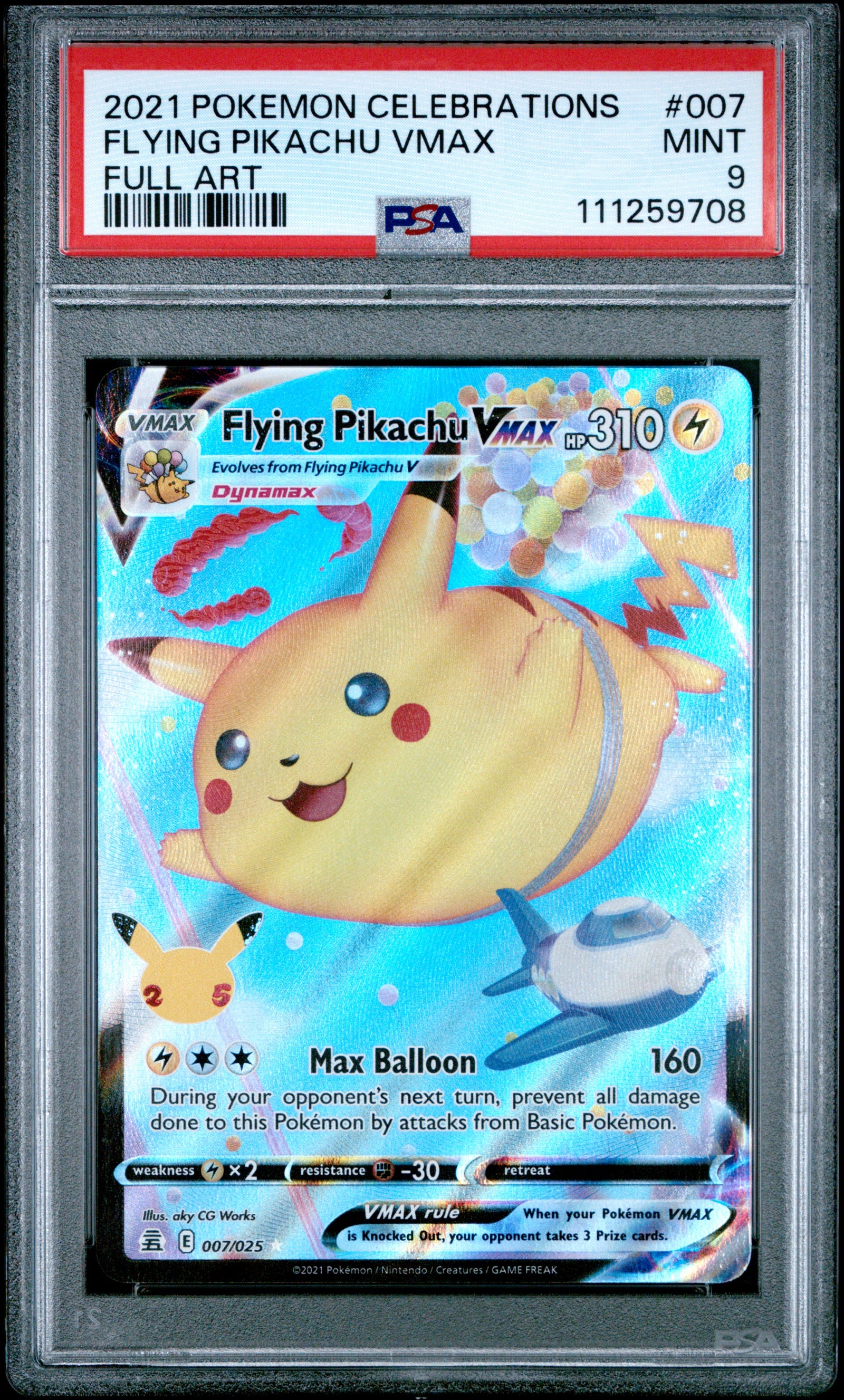 2021 Pokémon Celebrations Flying Pikachu VMAX Full Art #007/025 graded PSA 9 MINT