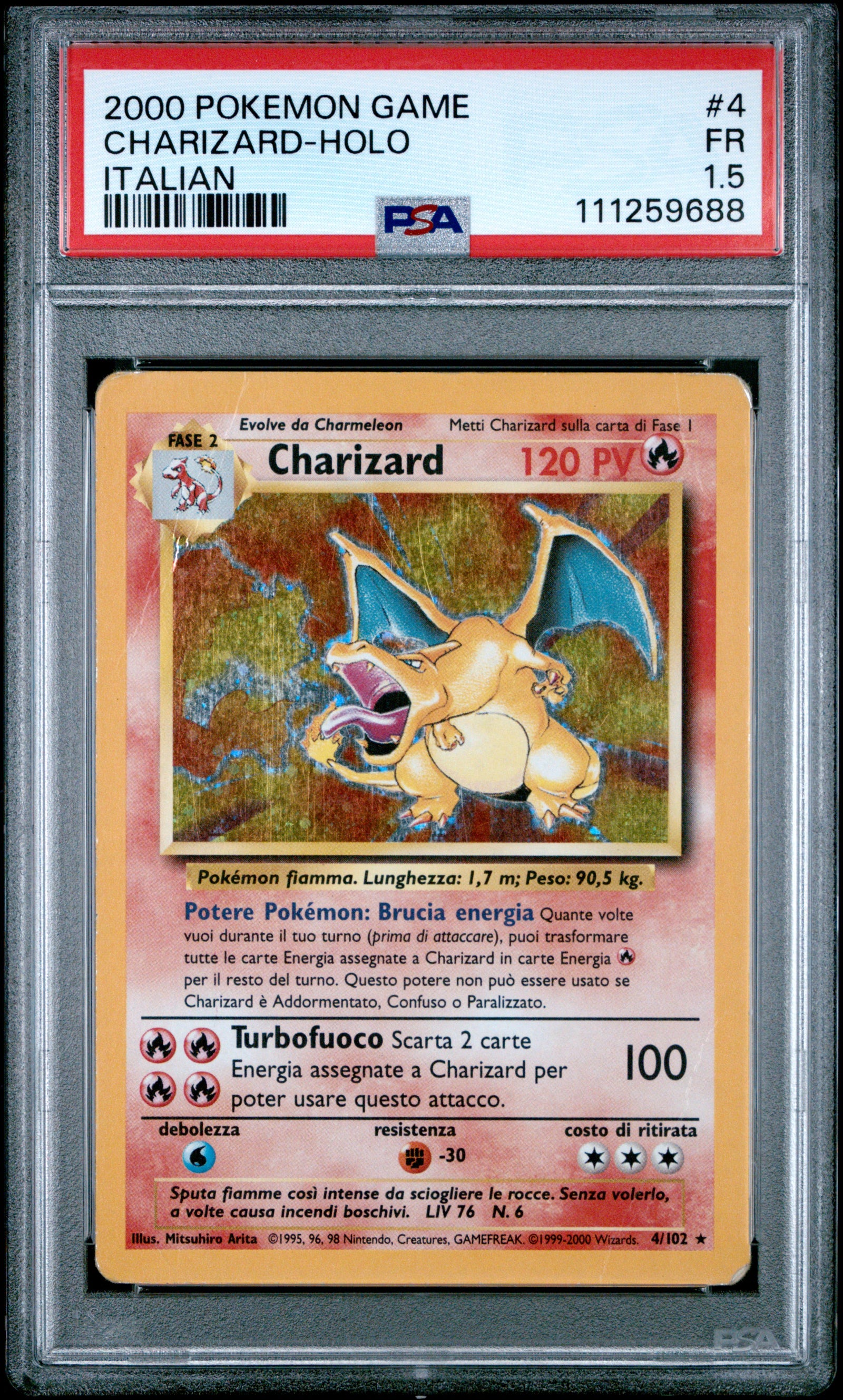 2000 Pokémon Italian Charizard Holo Base Set #4/102 graded PSA 1.5 FR