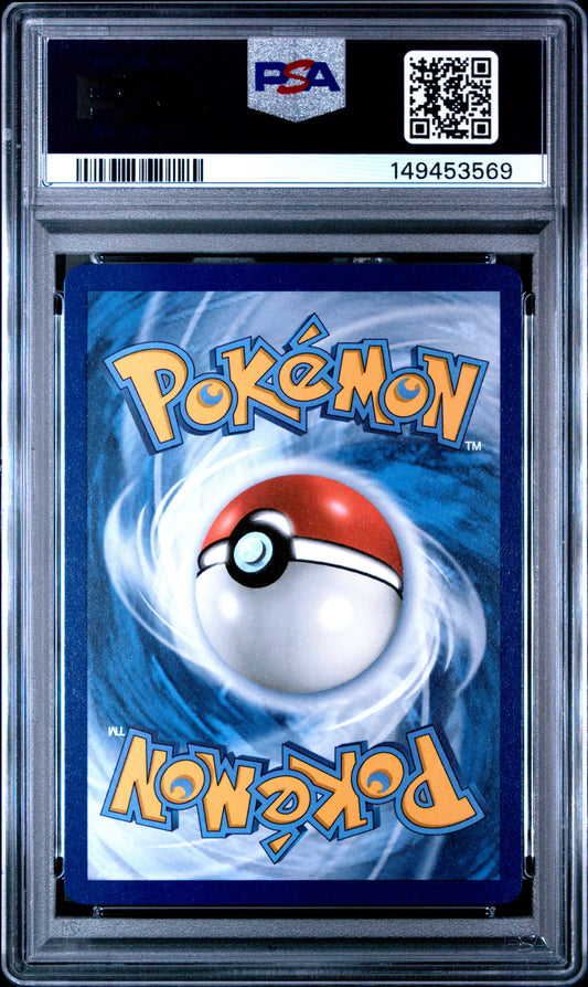 PSA 10 Gem Mint graded 2025 English Pokémon Destined Rivals Team Rocket's Mewtwo ex full art ultra rare card number 213/182 featuring a Giovanni illustration cameo background in a protective grading slab.