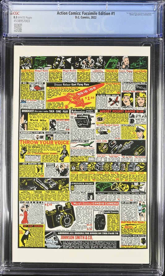 Action Comics #1 Facsimile Edition 2022 with Superman cover, CGC 8.5 graded collectible comic from DC Comics