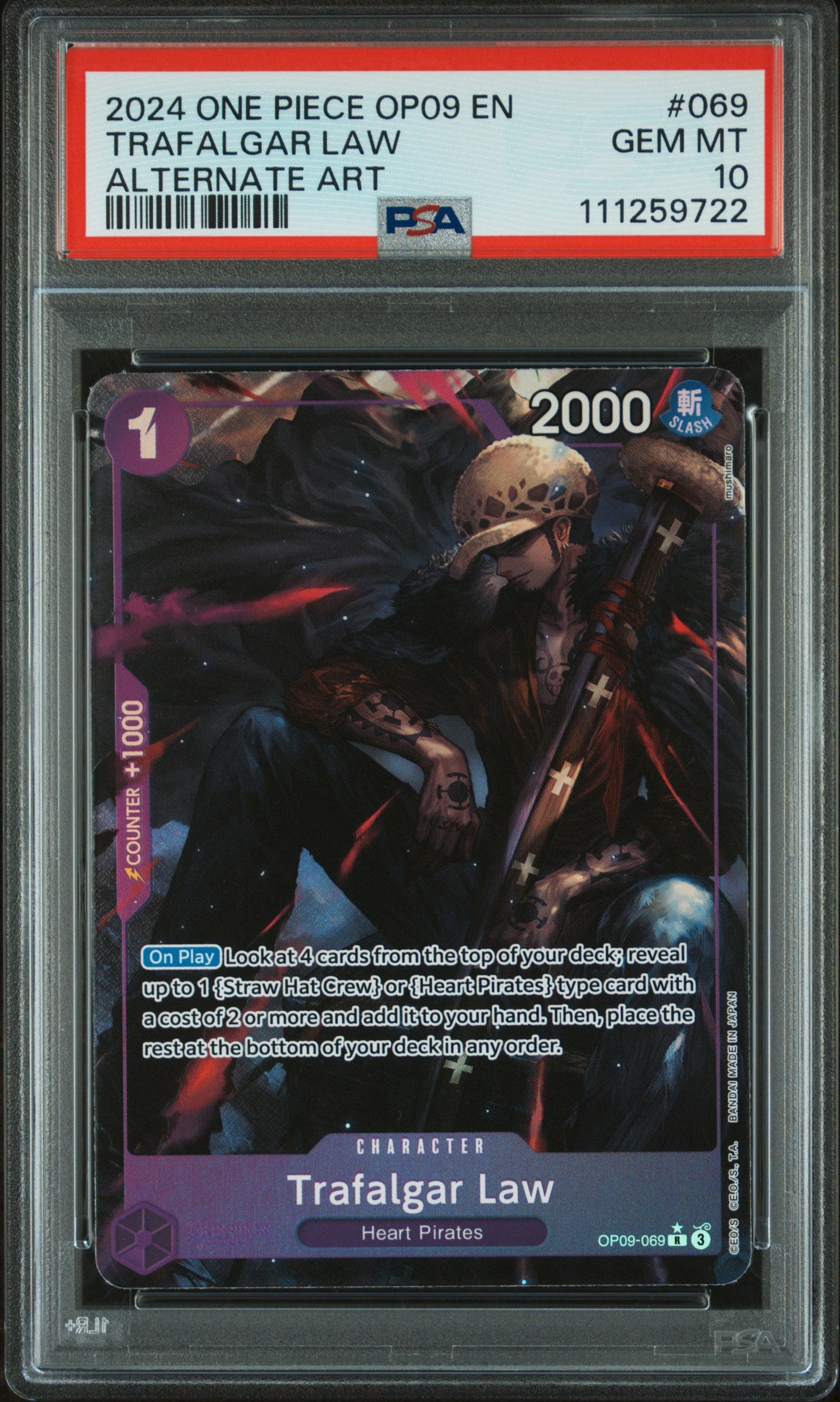 2024 One Piece OP09 Trafalgar Law #069 Alternate Art PSA 10 GEM MINT card featuring the Heart Pirates captain with sword in moody artwork
