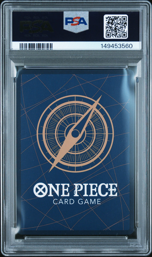 PSA 10 Gem Mint graded 2023 English One Piece Monkey D. Luffy OP02-062 SR Alternate Art full art textured holofoil card from the Paramount War expansion set.