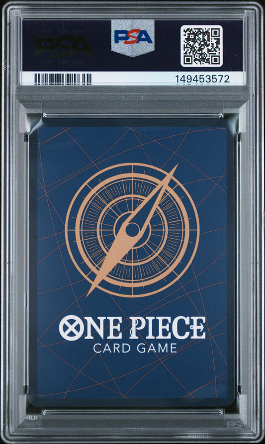 PSA 10 Gem Mint graded 2024 English One Piece Monkey D. Luffy OP09-119 SEC Alternate Art Parallel full art textured holofoil card from the Emperors in the New World expansion set.