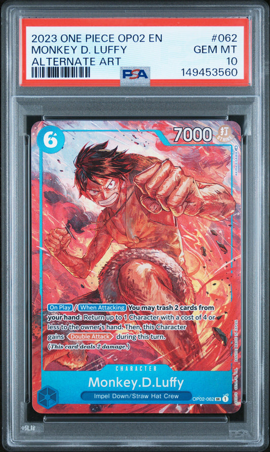 PSA 10 Gem Mint graded 2023 English One Piece Monkey D. Luffy OP02-062 SR Alternate Art full art textured holofoil card from the Paramount War expansion set.