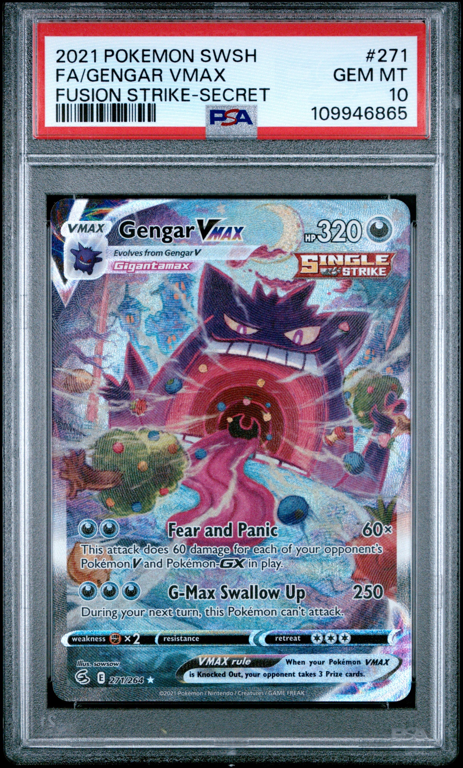 2021 Pokémon Gengar VMAX Secret Rare #271 from Fusion Strike graded PSA 10 GEM MINT