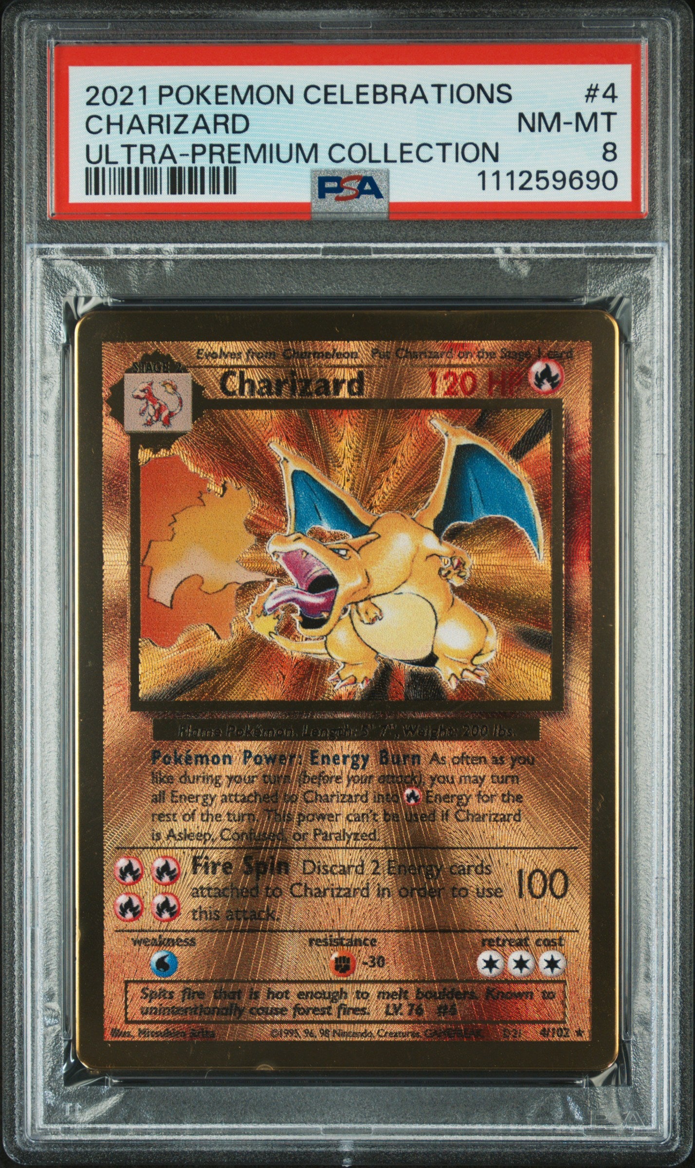 2021 Pokémon Celebrations Charizard #4 metal card from Ultra-Premium Collection graded PSA 8 NM-MT