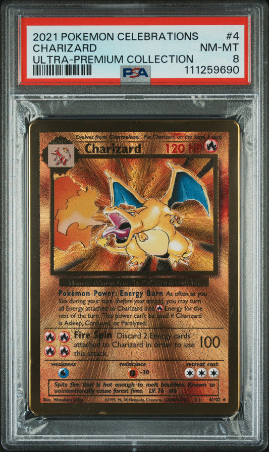 2021 Pokémon Celebrations Charizard #4 metal card from Ultra-Premium Collection graded PSA 8 NM-MT