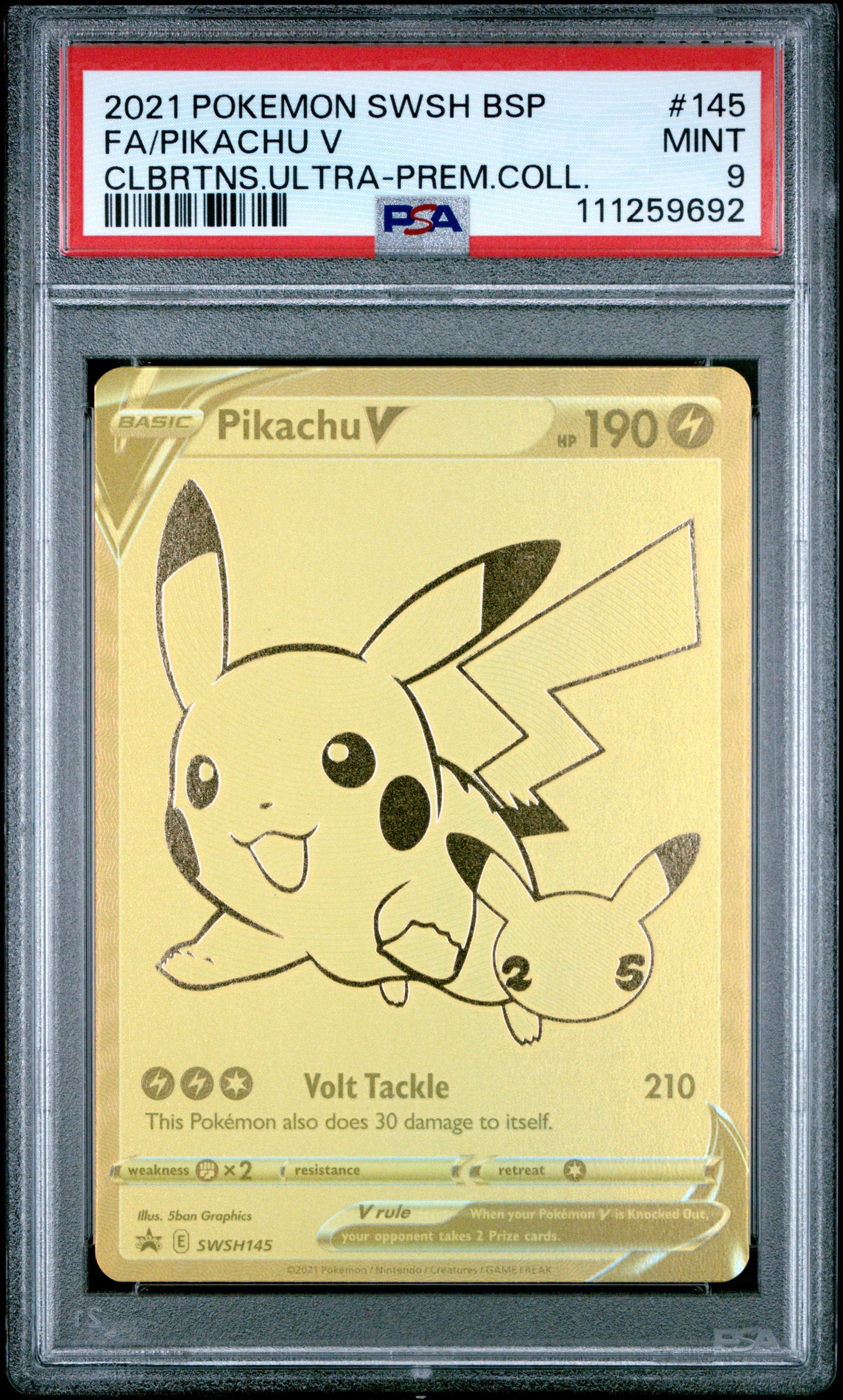 2021 Pokémon Pikachu V Gold Full Art #SWSH145 from Celebrations Ultra Premium graded PSA 9 MINT
