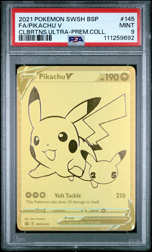 2021 Pokémon Pikachu V Gold Full Art #SWSH145 from Celebrations Ultra Premium graded PSA 9 MINT