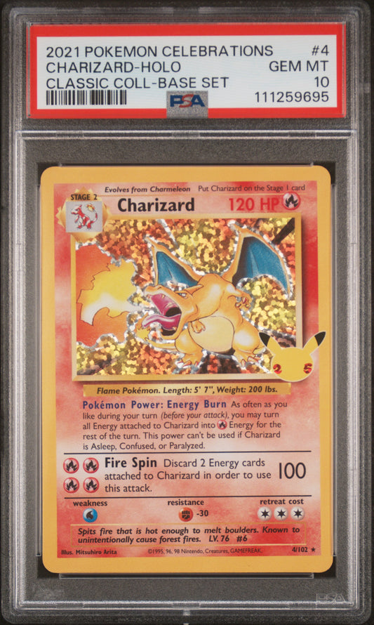 2021 Pokémon English Charizard Holo #4 from Celebrations Classic Collection graded PSA 10 GEM MINT
