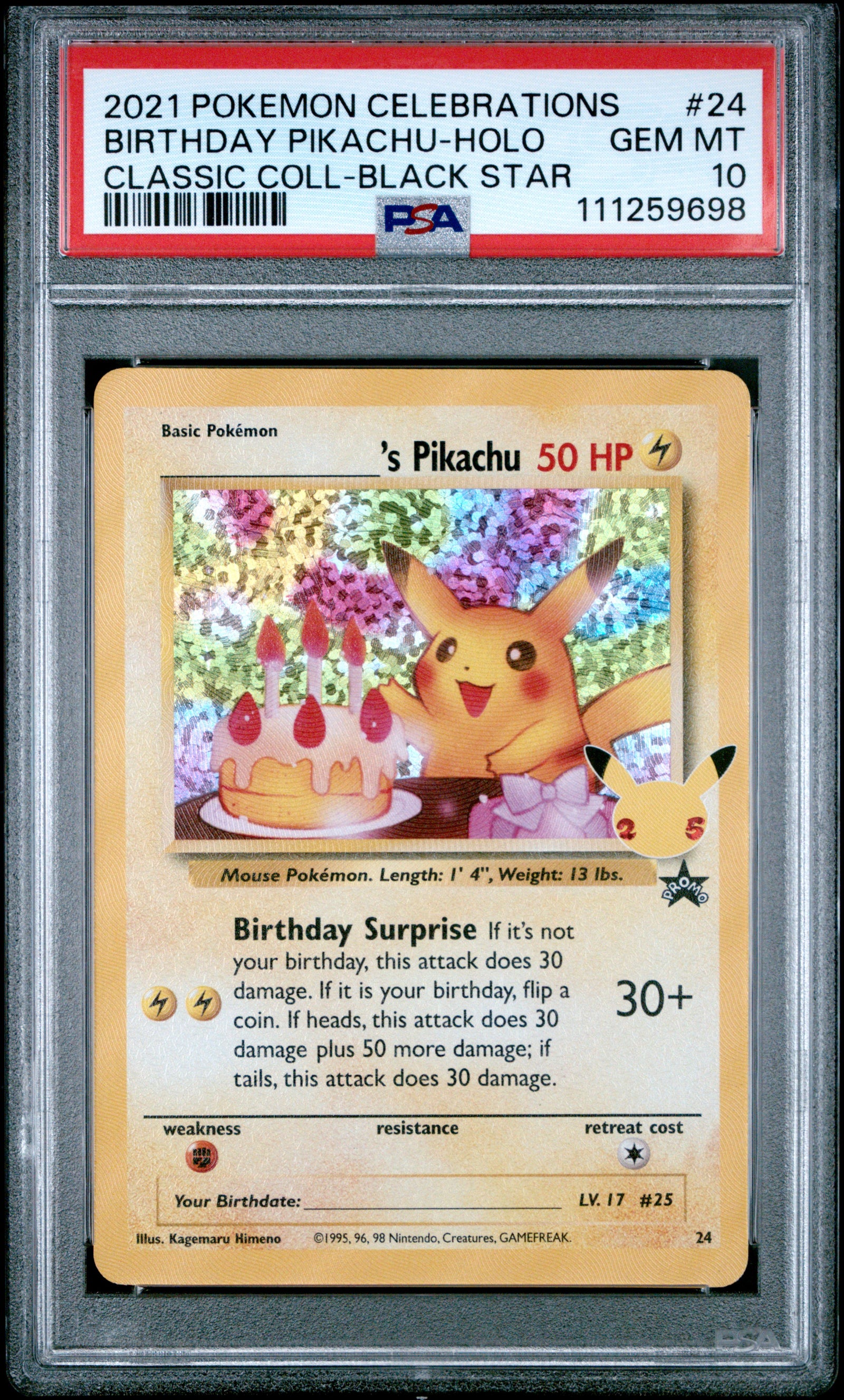 2021 Pokémon Celebrations Birthday Pikachu Classic Collection #24 graded PSA 10 GEM MINT