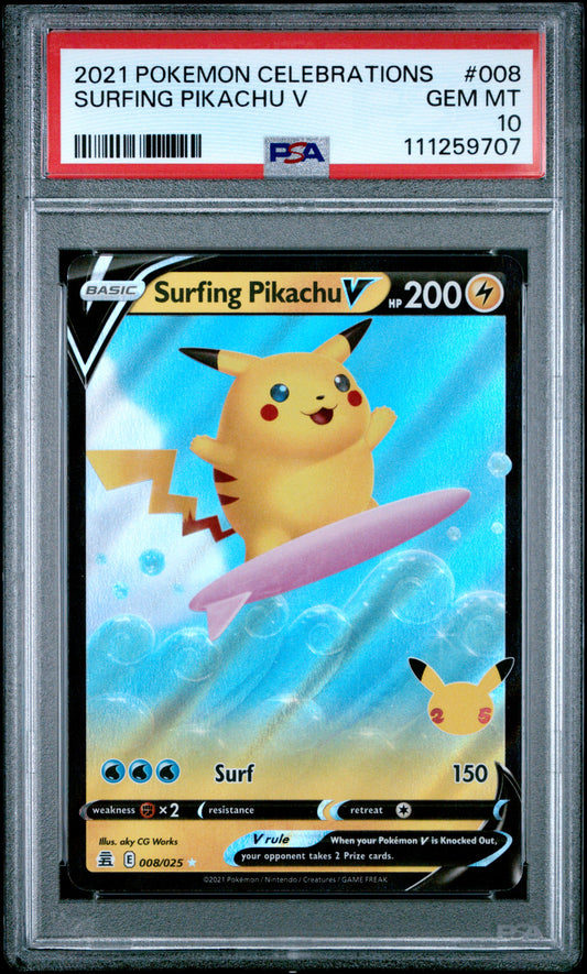 2021 Pokémon Surfing Pikachu V Celebrations #008/025 graded PSA 10 GEM MINT

