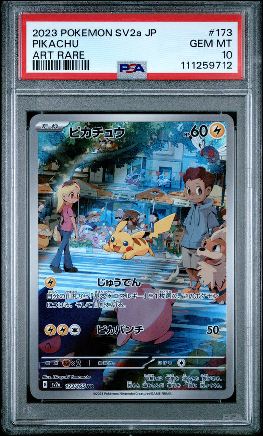 2023 Pokémon Japanese Pikachu Art Rare #173/SV2a graded PSA 10 GEM MINT with town market scene