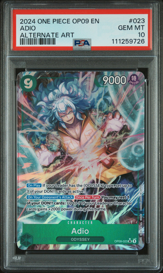 2024 One Piece OP09 Adio Alternate Art #023 graded PSA 10 GEM MINT