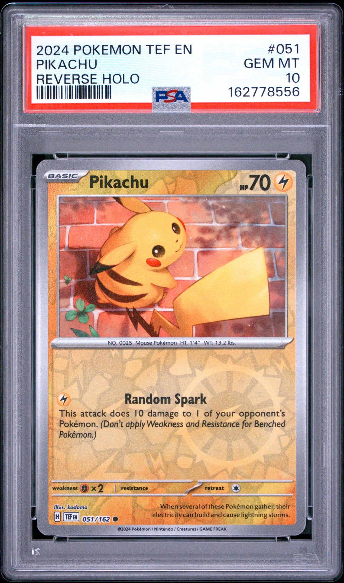 PSA 10 English Pikachu 051/162 Reverse Holo card from Pokémon Temporal Forces
