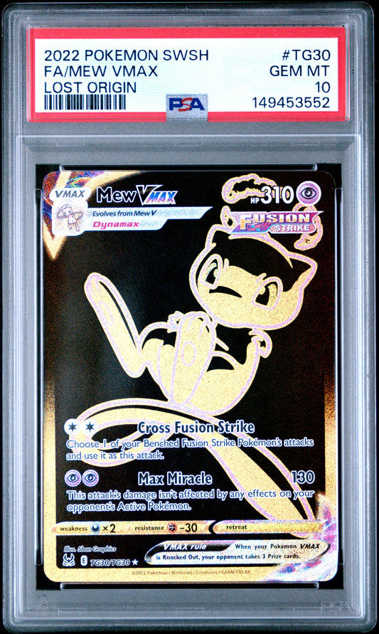 PSA 10 Gem Mint graded 2022 English Pokémon Lost Origin Mew VMAX secret black and gold full art card number TG30/TG30 in a protective plastic slab.