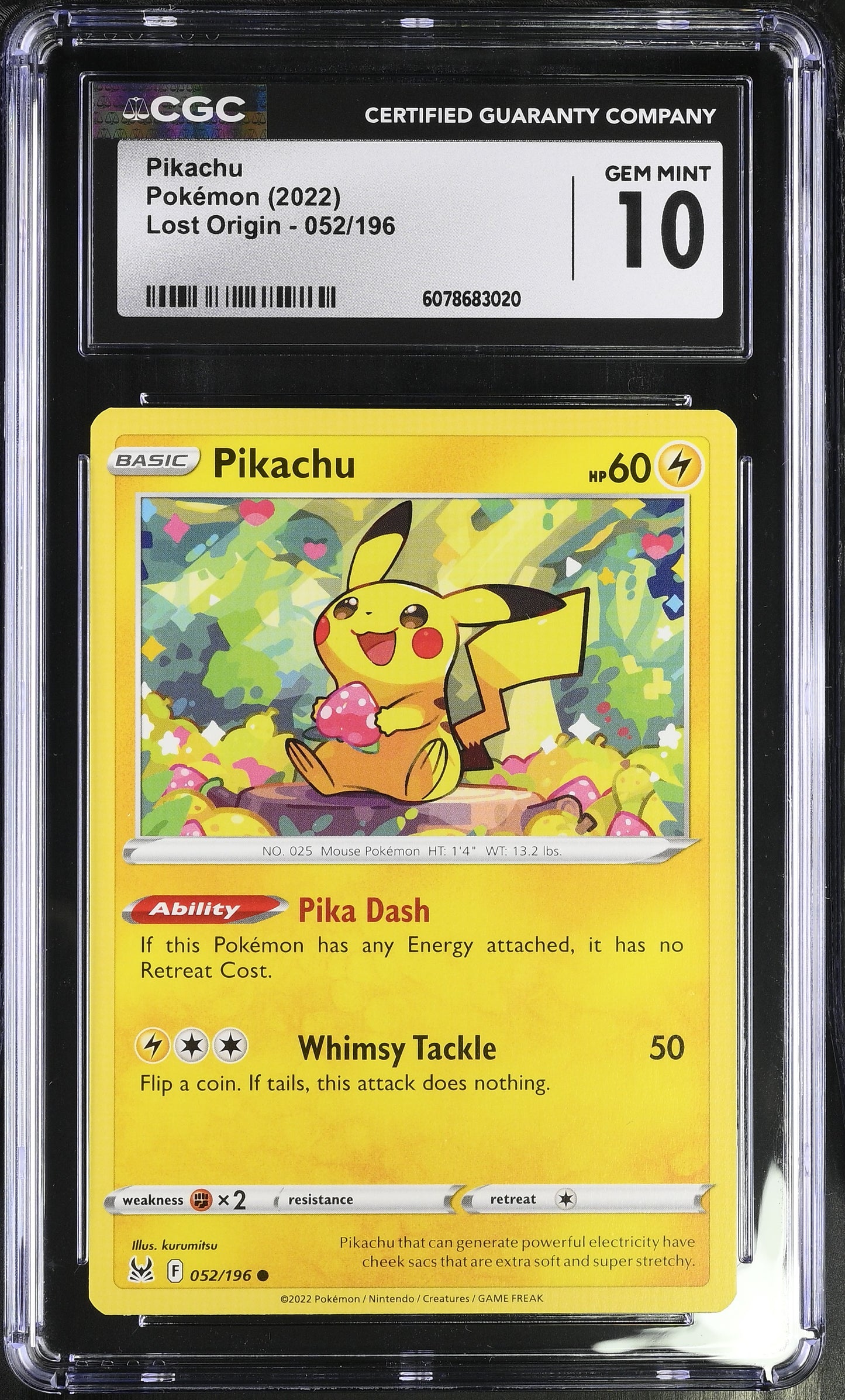 2022 Pokémon Pikachu #052/196 from Lost Origin graded CGC 10 GEM MINT