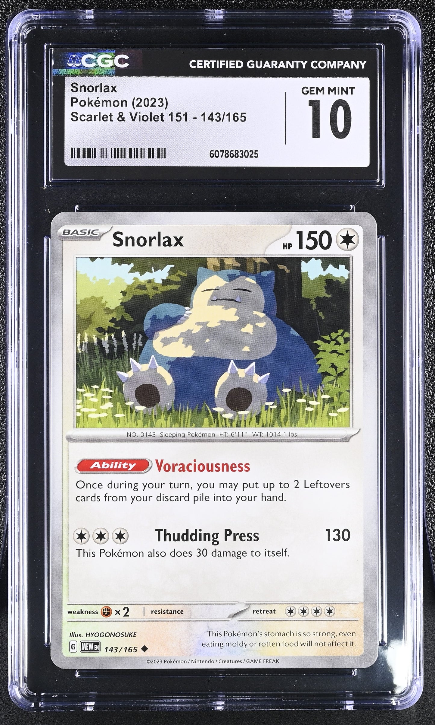 2023 Pokémon Snorlax Holo #143/165 from Scarlet & Violet 151 graded CGC 10 GEM MINT illustrated by HYOGONOSUKE
