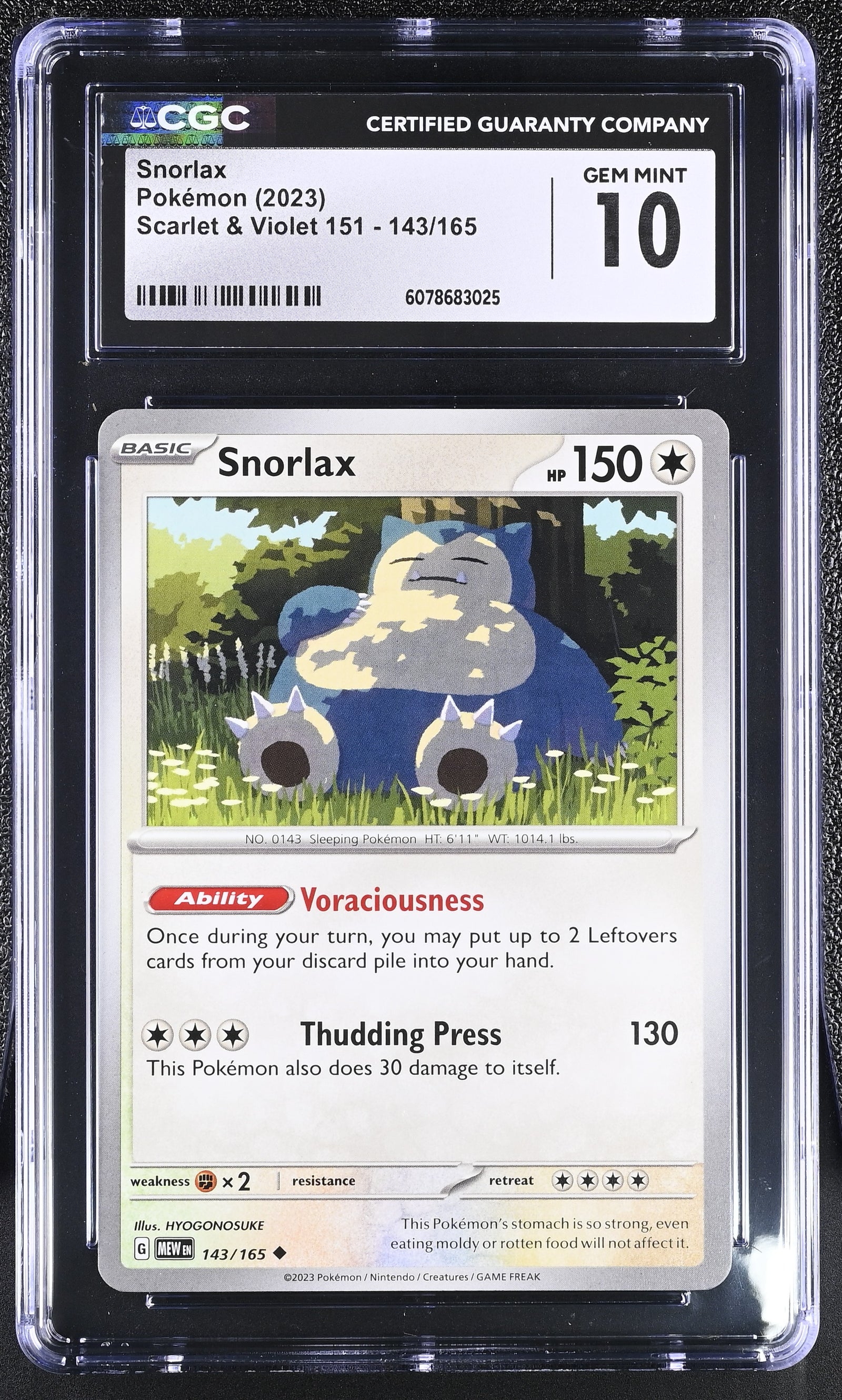 2023 Pokémon Snorlax Holo #143/165 from Scarlet & Violet 151 graded CGC 10 GEM MINT illustrated by HYOGONOSUKE
