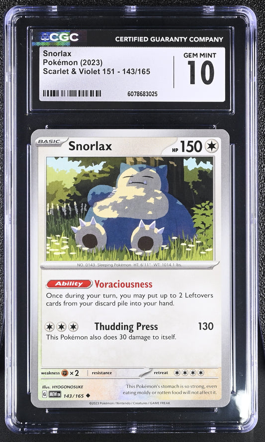 2023 Pokémon Snorlax Holo #143/165 from Scarlet & Violet 151 graded CGC 10 GEM MINT illustrated by HYOGONOSUKE
