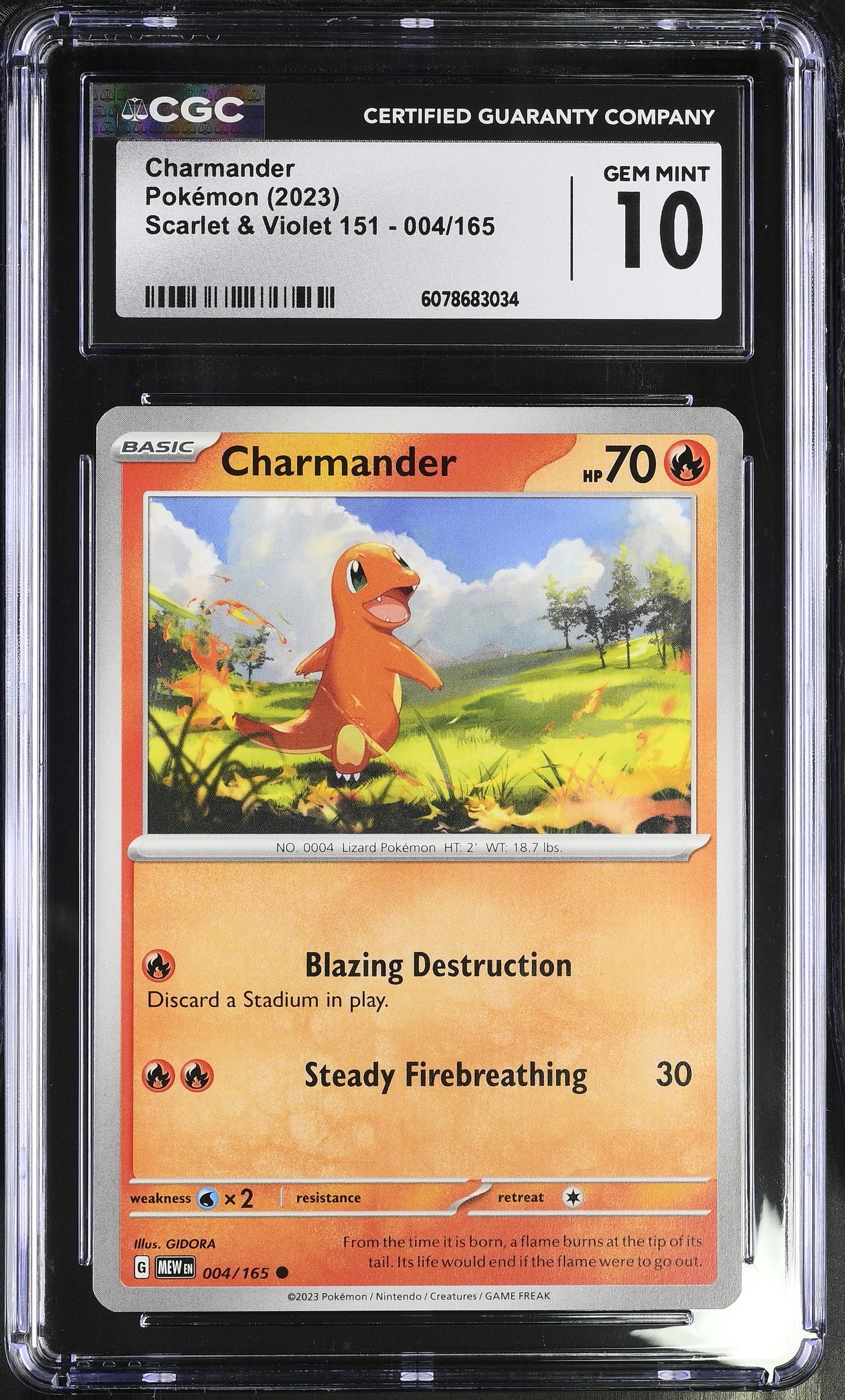 2023 Pokémon English Charmander #004/165 from Scarlet & Violet 151 graded CGC 10 GEM MINT illustrated by GIDORA
