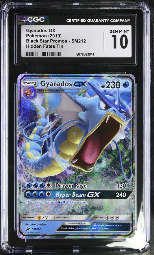 2019 Pokémon Gyarados GX SM212 Black Star Promo from Hidden Fates Tin graded CGC 10 GEM MINT with Dragon Rage and Hyper Beam GX