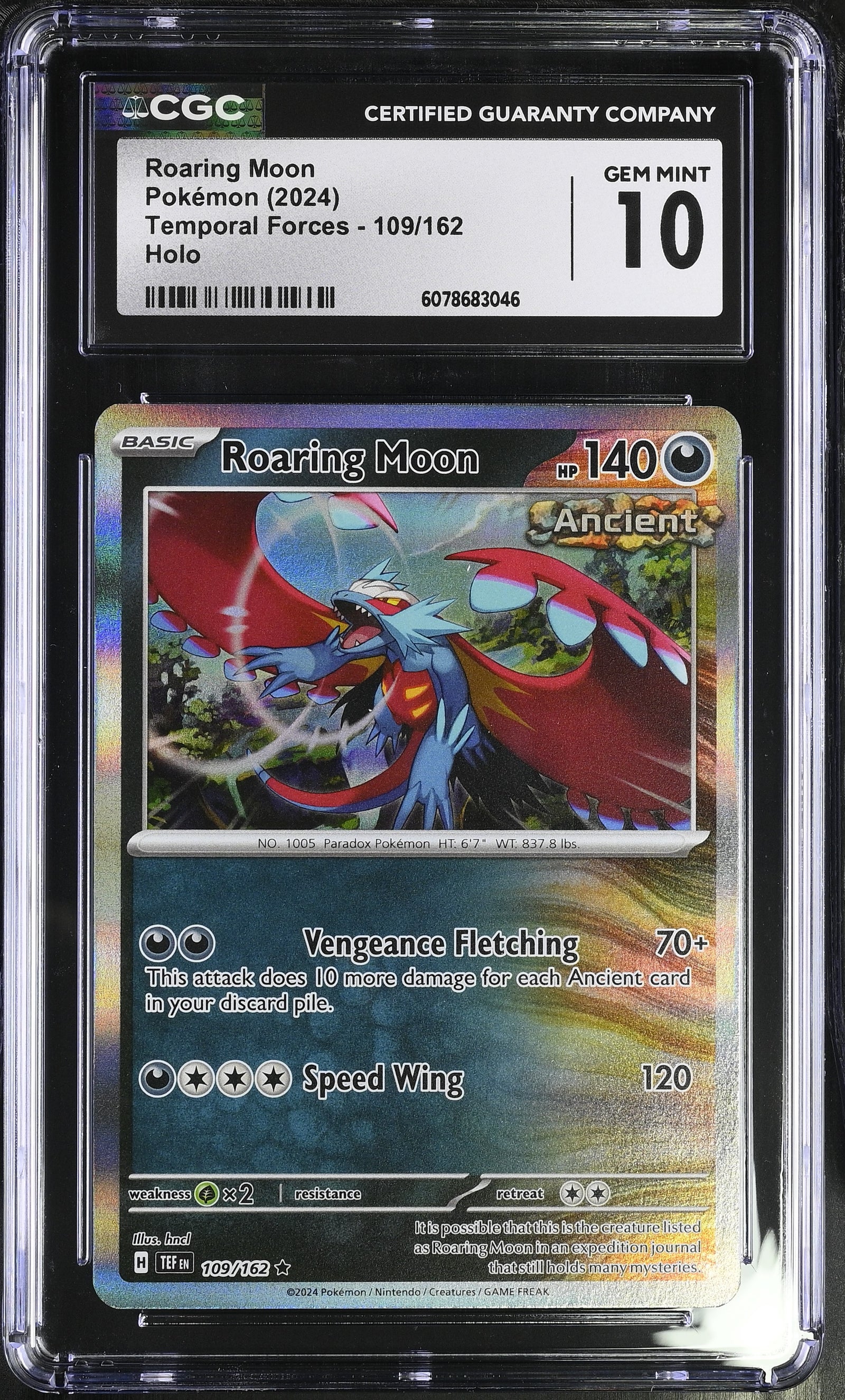 2024 Pokémon Temporal Forces Roaring Moon #109/162 Holo graded CGC 10 GEM MINT illustrated by hncl