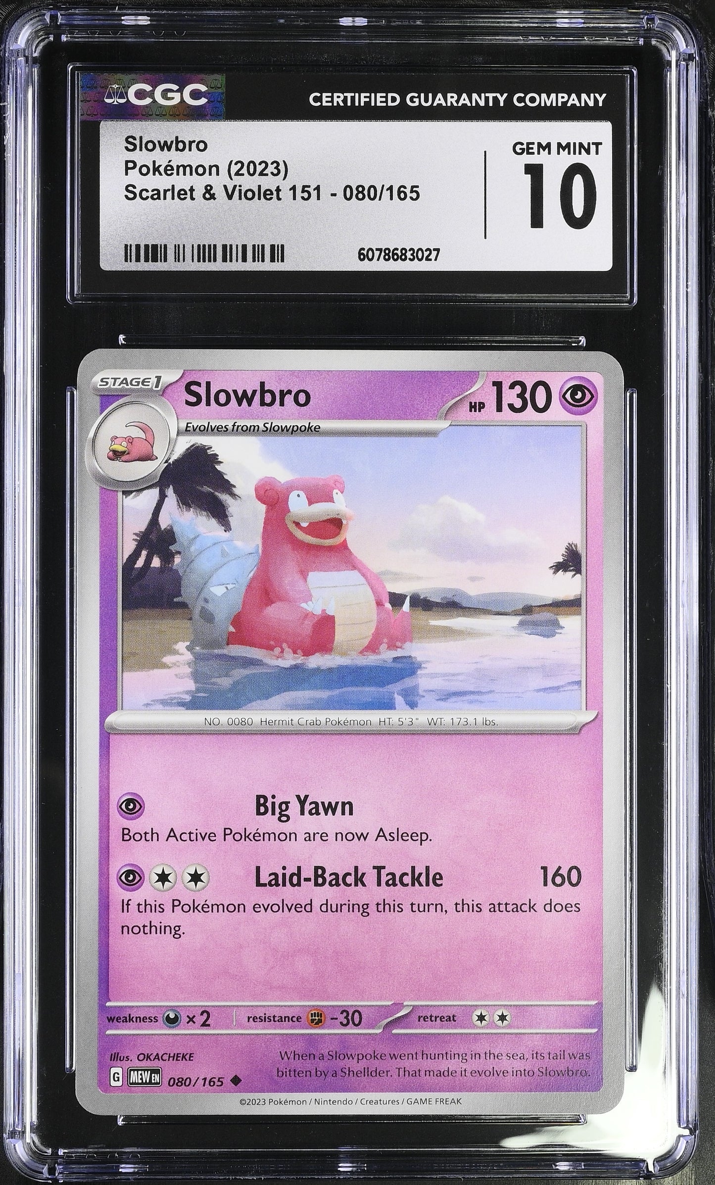 2023 Pokémon Slowbro #080/165 from Scarlet & Violet 151 graded CGC 10 GEM MINT with beach artwork by OKACHEKE