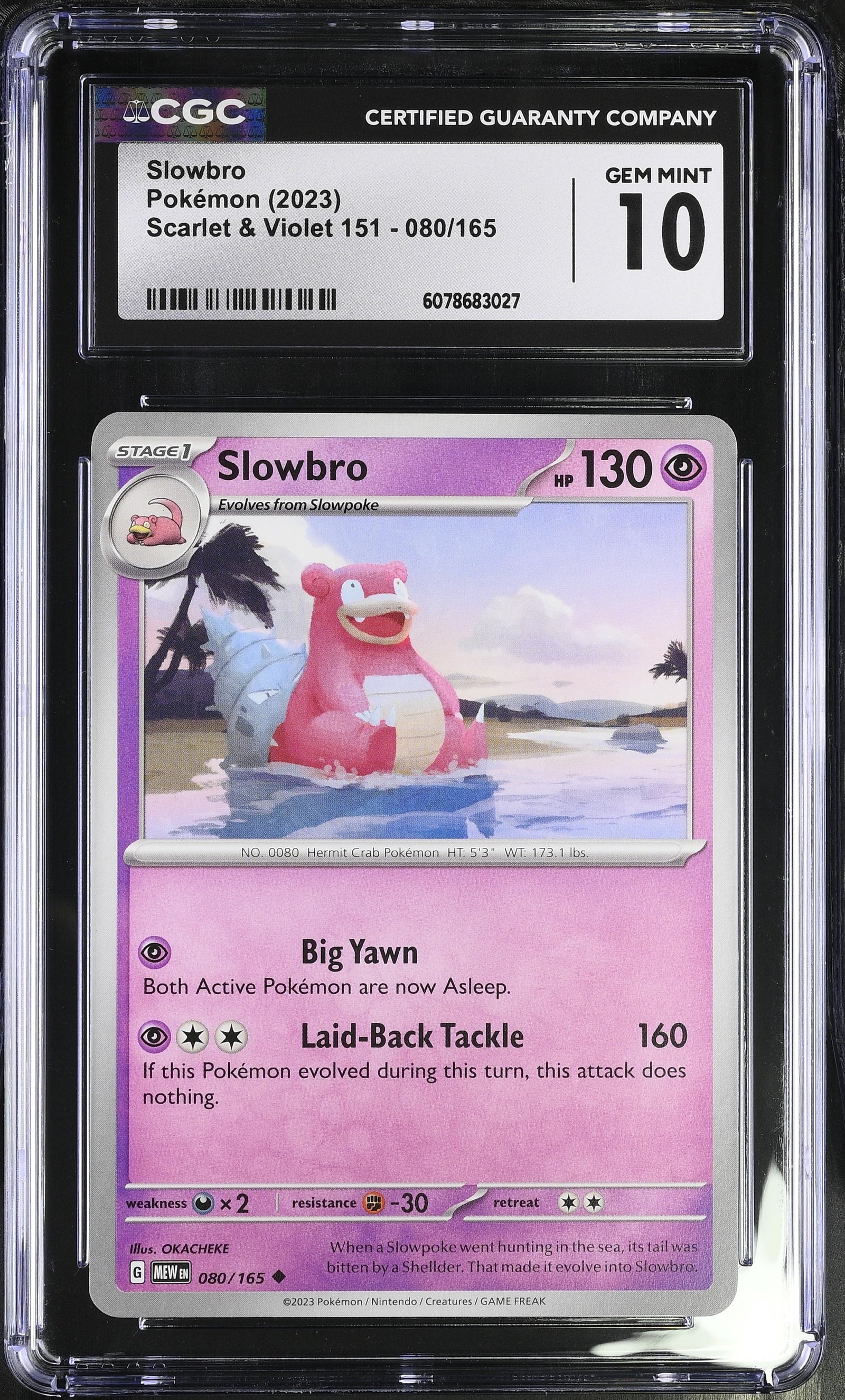 2023 Pokémon Slowbro #080/165 from Scarlet & Violet 151 graded CGC 10 GEM MINT with beach artwork by OKACHEKE
