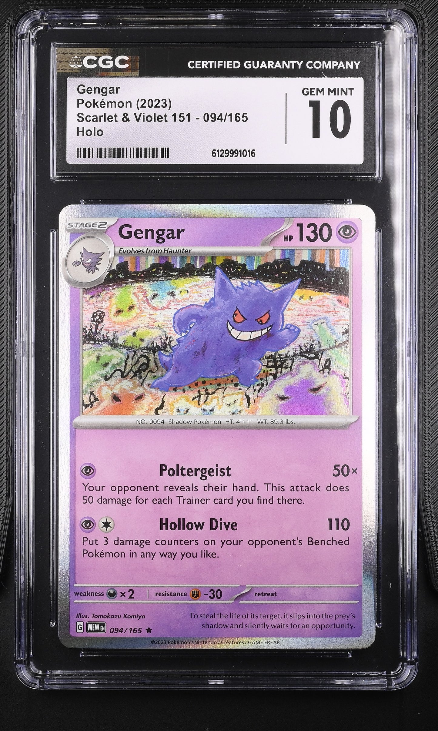 CGC Gem Mint 10 graded 2023 English Gengar Rare Holo card 094/165 from Scarlet & Violet 151, featuring signature abstract artwork by Tomokazu Komiya.