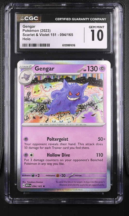 CGC Gem Mint 10 graded 2023 English Gengar Rare Holo card 094/165 from Scarlet & Violet 151, featuring signature abstract artwork by Tomokazu Komiya.