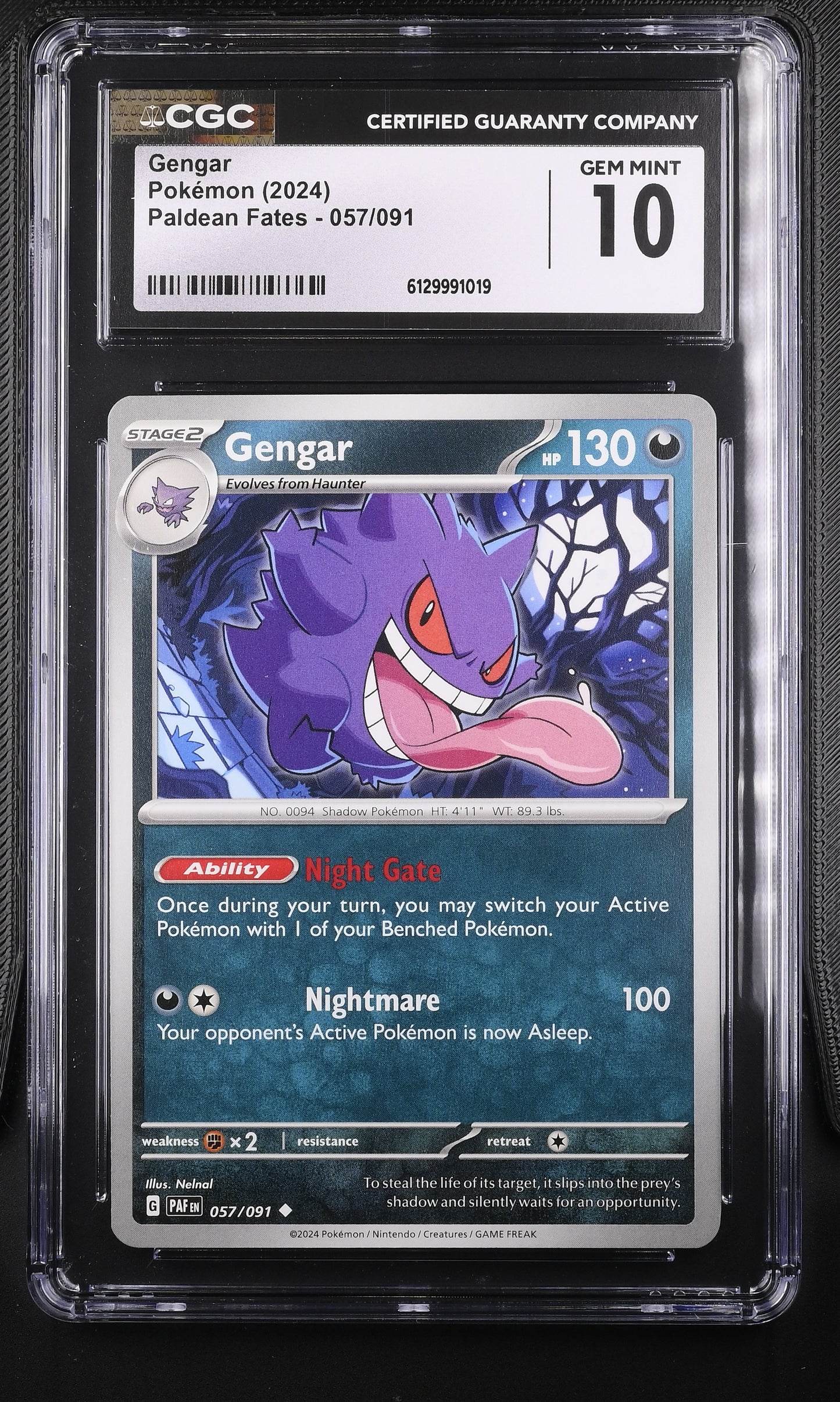 CGC Gem Mint 10 graded 2024 English Gengar card 057/091 from Paldean Fates, featuring a dark forest illustration by Nelnal with a Haunter evolution icon cameo.
