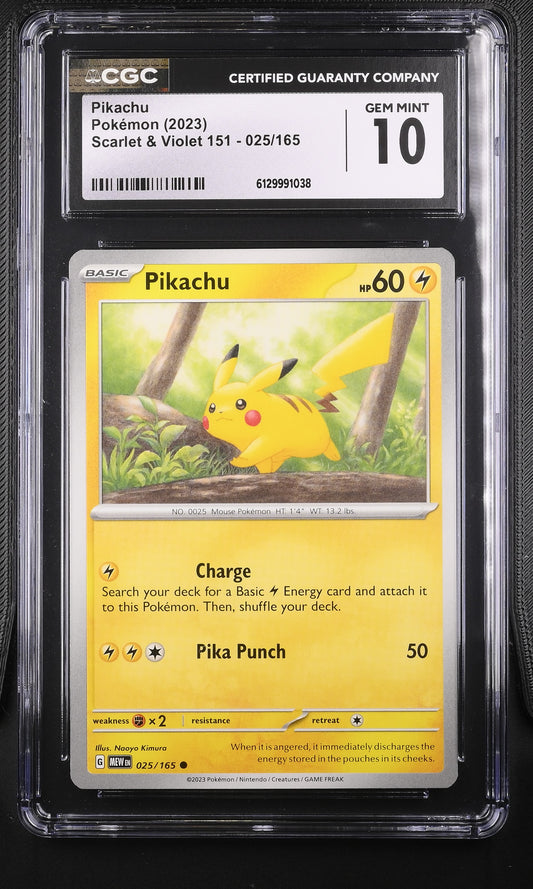 CGC Gem Mint 10 graded 2023 English Pikachu card 025/165 from Scarlet & Violet 151, featuring scenic forest artwork by Naoyo Kimura.