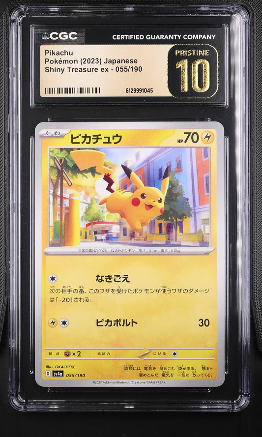 CGC Gem Mint 10 graded 2023 Japanese Pikachu card 055/190 from Shiny Treasure ex, featuring a vibrant city street illustration by OKACHEKE.
