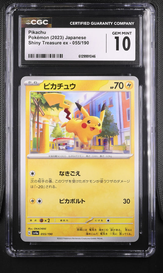 CGC Gem Mint 10 graded 2023 Japanese Pikachu card 055/190 from Shiny Treasure ex, featuring a vibrant city street illustration by OKACHEKE.