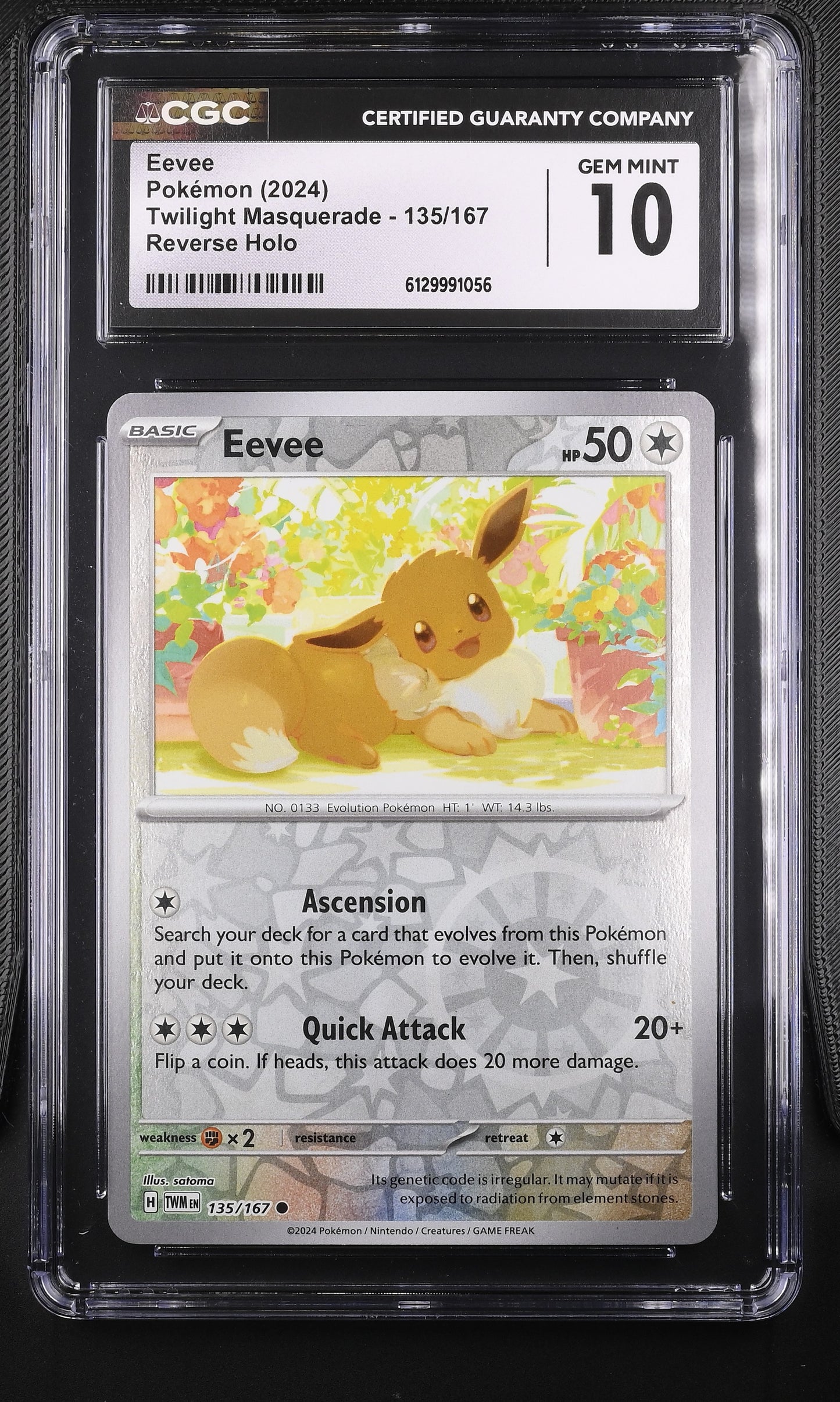 CGC Gem Mint 10 graded 2024 English Eevee Reverse Holo card 135/167 from Twilight Masquerade, featuring floral artwork by satoma.
