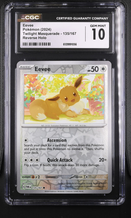 CGC Gem Mint 10 graded 2024 English Eevee Reverse Holo card 135/167 from Twilight Masquerade, featuring floral artwork by satoma.