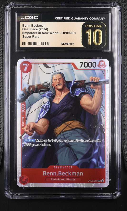 CGC Pristine 10 graded Benn Beckman OP09-009 Super Rare Special Alternate Art card from the One Piece Card Game, featuring detailed rifle character artwork by akogi in a clear grading slab.