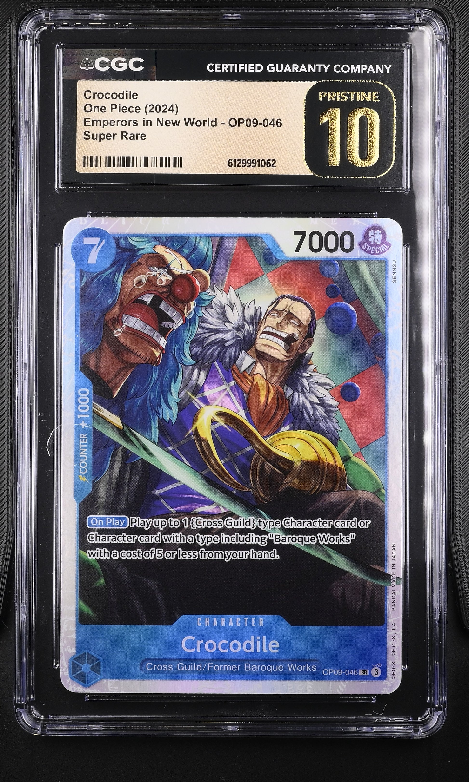 CGC Pristine 10 graded Crocodile OP09-046 Super Rare Special Alternate Art card from the One Piece Card Game, featuring vibrant artwork of Crocodile and Buggy by SENNSU in a protective slab.