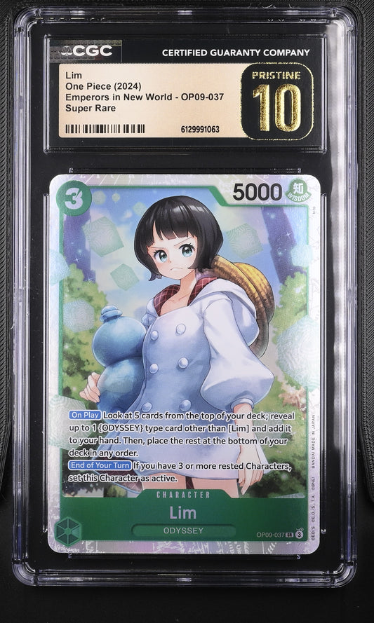 CGC Pristine 10 graded Lim OP09-037 Super Rare Special Alternate Art card from the One Piece Card Game, featuring vibrant character artwork by kito in a clear grading slab.