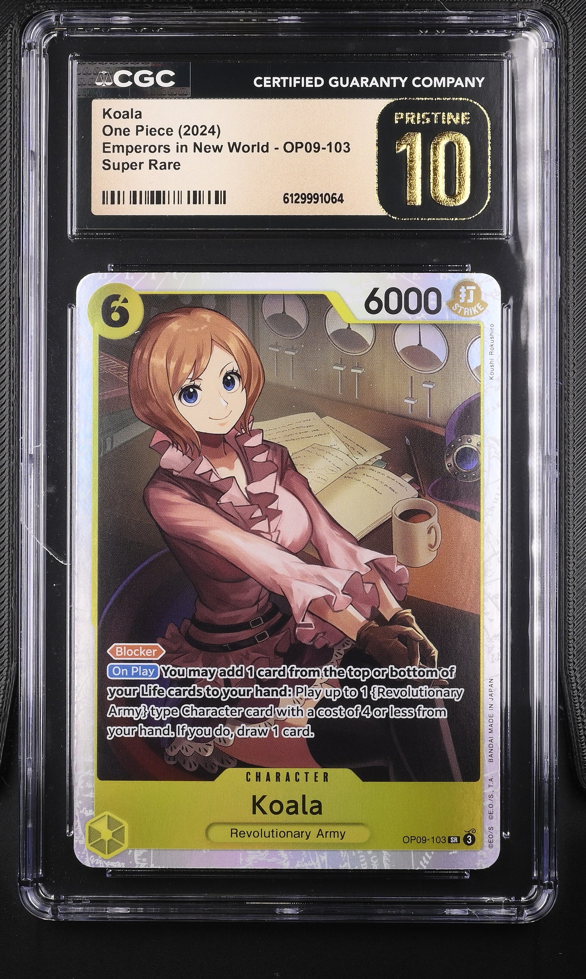 CGC Pristine 10 graded Koala OP09-103 Super Rare Special Alternate Art card from the One Piece Card Game, featuring detailed character artwork by Koushi Rokushiro in a protective slab.