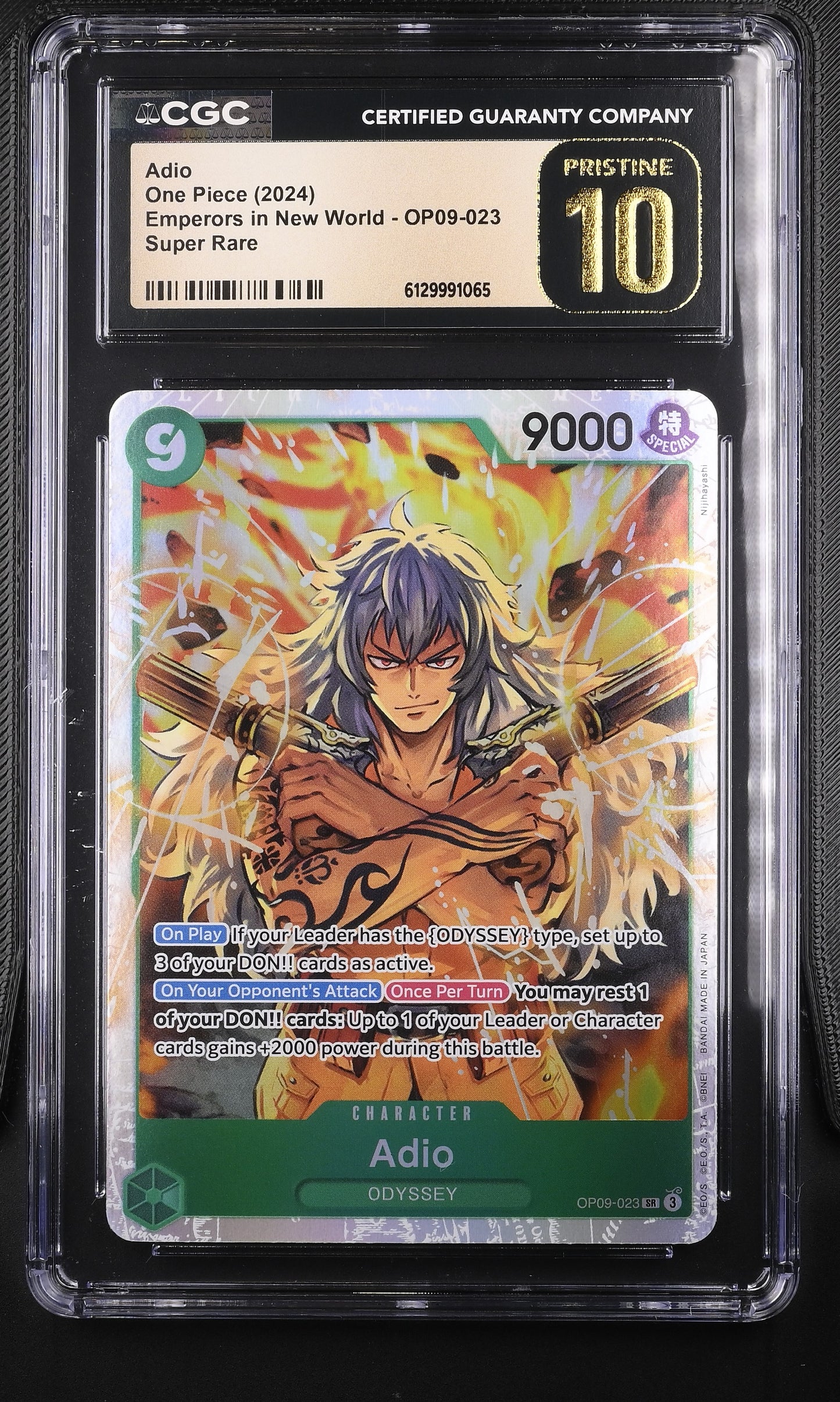 CGC Pristine 10 graded Adio OP09-023 Super Rare Special Alternate Art card from the One Piece Card Game, featuring dual-pistol character artwork by Nijihayashi in a protective grading slab.