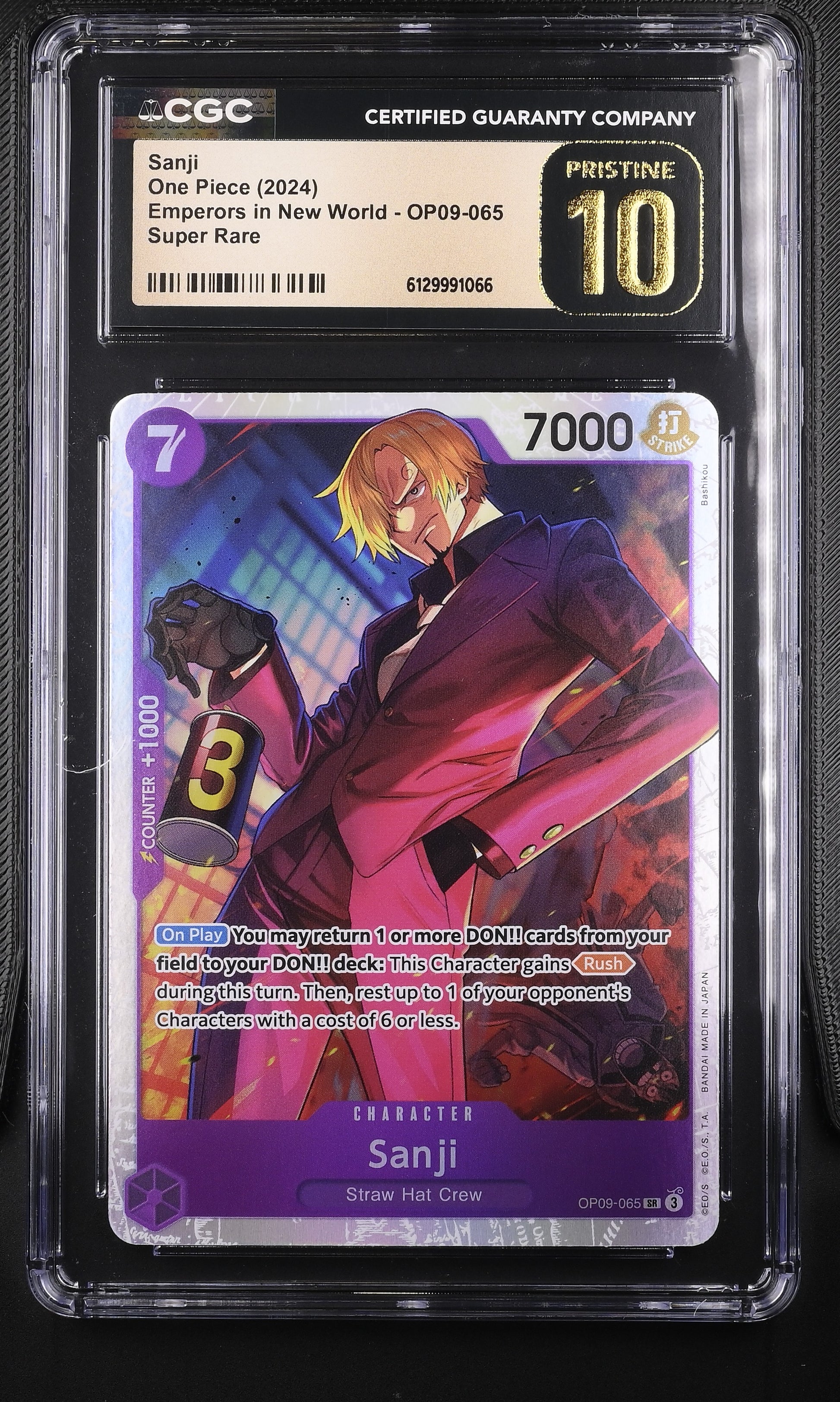 CGC Pristine 10 graded Sanji OP09-065 Super Rare Special Alternate Art card from the One Piece Card Game, showcasing suit artwork by Bashikou in a protective grading case.