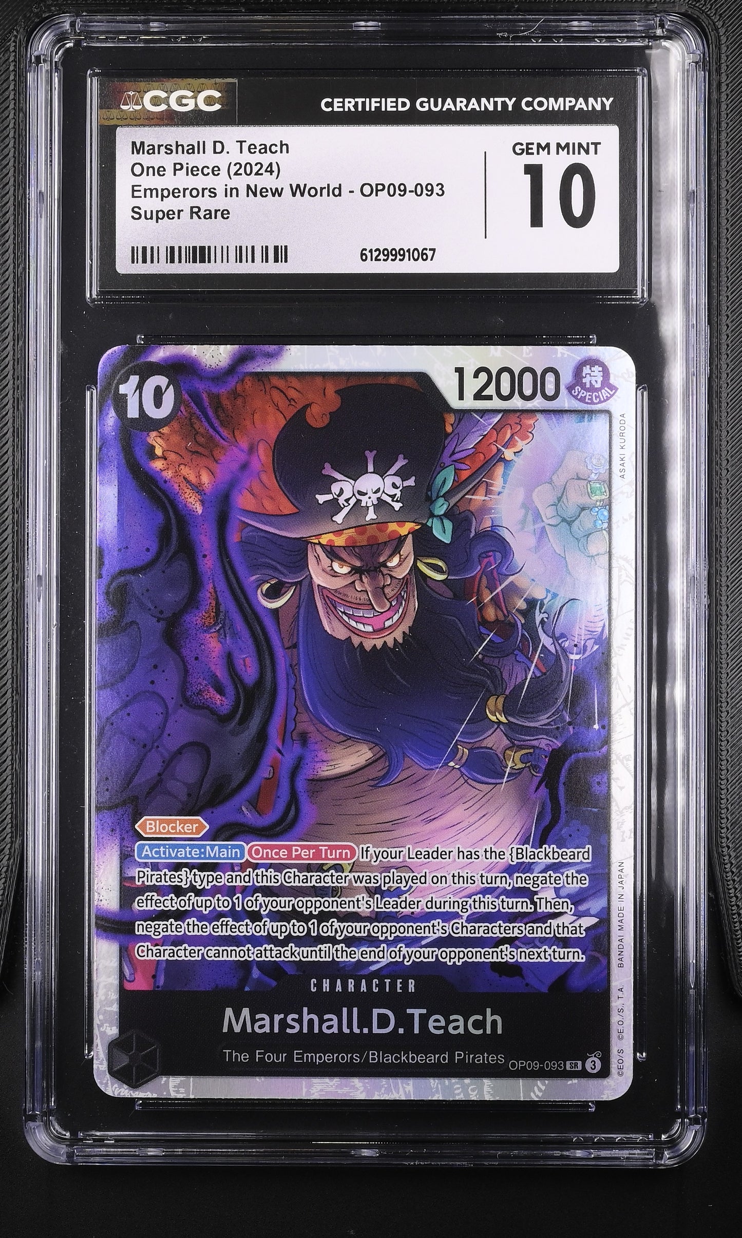 CGC 10 Gem Mint graded 2024 One Piece Emperors in New World Marshall D. Teach SR OP09-093 Super Rare holographic card front close up in slab.