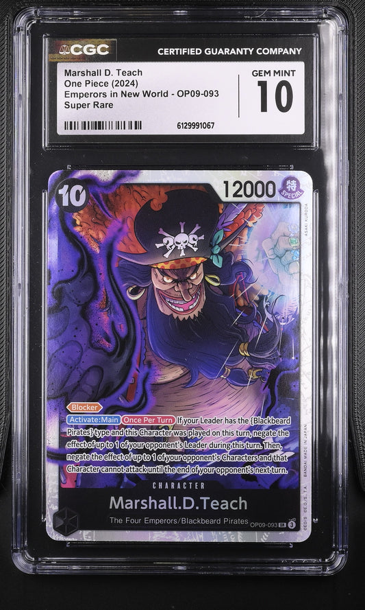 CGC 10 Gem Mint graded 2024 One Piece Emperors in New World Marshall D. Teach SR OP09-093 Super Rare holographic card front close up in slab.