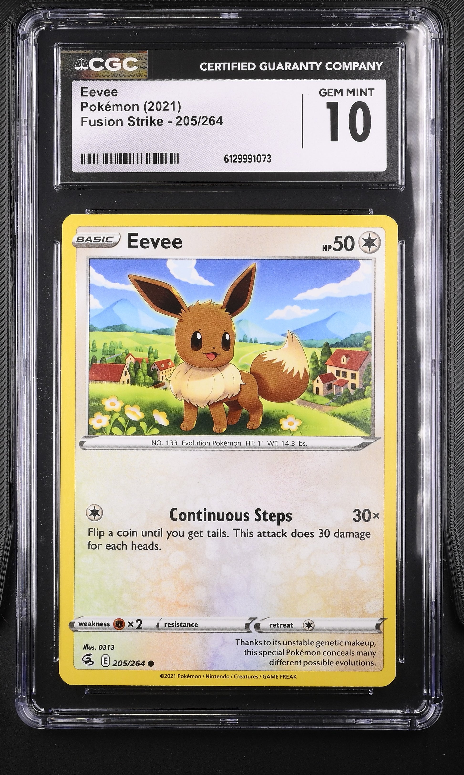 CGC Gem Mint 10 graded 2021 English Eevee card 205/264 from Fusion Strike, featuring countryside artwork by 0313.