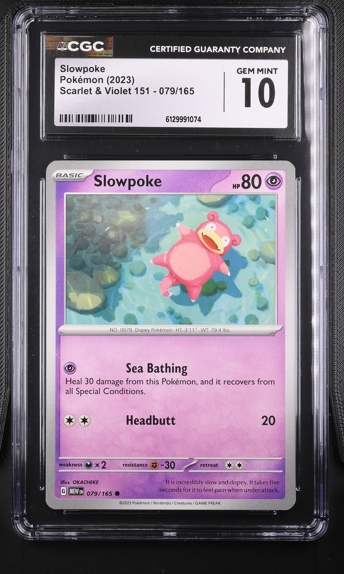 CGC 10 Gem Mint graded 2023 Pokémon Scarlet & Violet 151 Slowpoke 079/165 reverse holofoil card featuring artwork of Slowpoke floating in water by OKACHEKE.