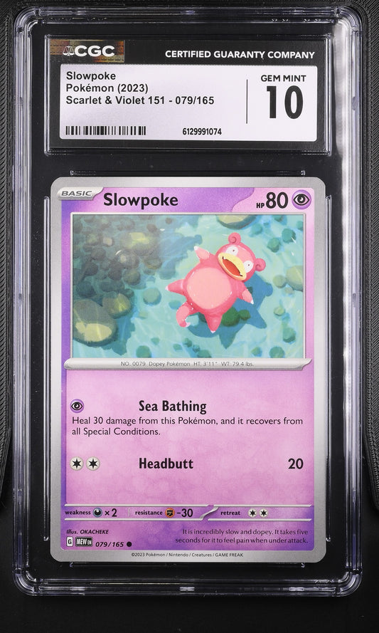 CGC 10 Gem Mint graded 2023 Pokémon Scarlet & Violet 151 Slowpoke 079/165 reverse holofoil card featuring artwork of Slowpoke floating in water by OKACHEKE.
